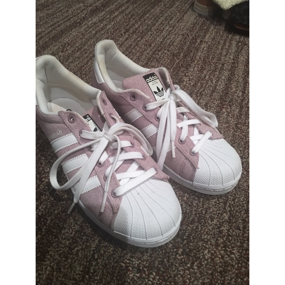 Never worn. Pink denim Adidas sneakers